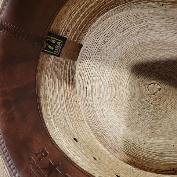Red Star Riggings Palm Leaf Straw Hat Sz 7-1/8 Brown Leather Band Star Western - Picture 4 of 13